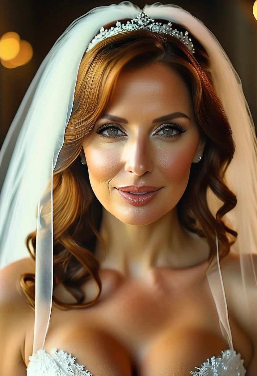 Highest quality, masterpiece, 8K, Realistic, Realistic, Natural light, beautiful Italian slutty mature lady , 45yo,Beautiful woman staring at camera, Highly detailed face and skin texture, Very fine eye,Italian traditional wedding dress, bridal veil, church , Beautiful redhead hair, (symmetrical hair length), (Straight hair), huge saggy tits , open mouth ,pale skin ,look like Alyssa Arce