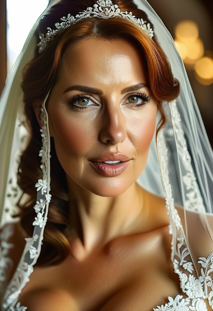 Highest quality, masterpiece, 8K, Realistic, Realistic, Natural light, beautiful Italian slutty mature lady ,  45yo,Beautiful woman staring at camera, Highly detailed face and skin texture, Very fine eye,Italian traditional wedding dress, bridal veil, church , Beautiful redhead hair, (symmetrical hair length), (Straight hair), huge saggy tits , open mouth ,pale skin ,look like Alyssa Arce