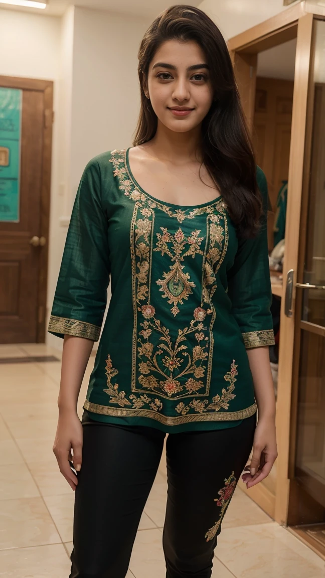 21 yo women Ananya Pandey wearing embroidery printed green kurta black jeggings body fit clothes dressing room ((full body view)) (George's hot look)) (( said body view photography))smile perfect anatomy realistic realism ultra detailed eye ultra detailed face 8k