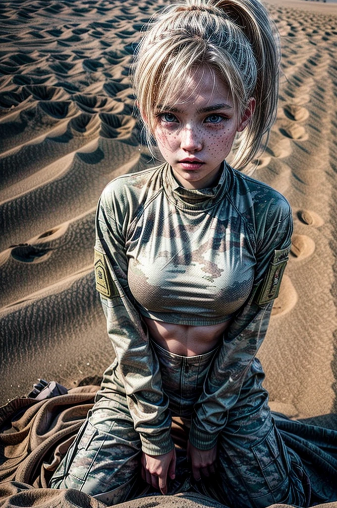 1 girl, military camo outfit, sand, blonde hair, ponytail, brown eyes, female waist, solo, freckles, full body