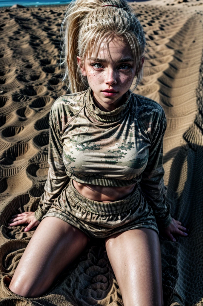 1 girl, military camo outfit, sand, blonde hair, ponytail, brown eyes, female waist, solo, freckles, round breast, full body