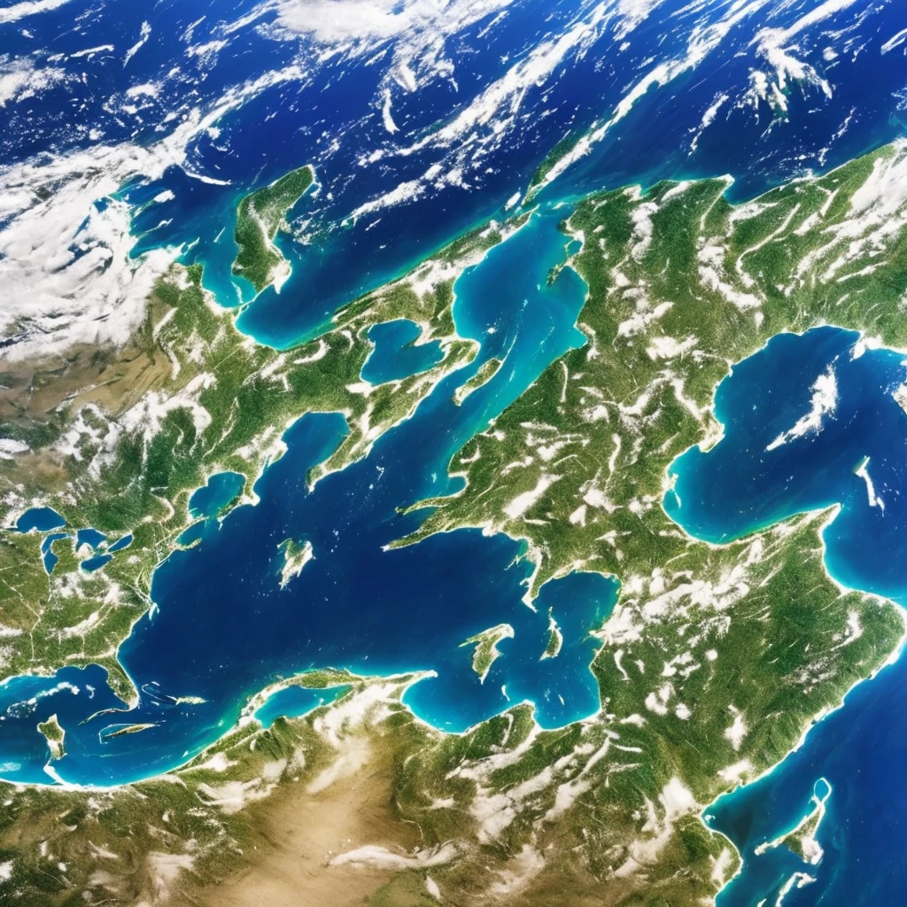 Produce a photorealistic image of Earth from space, with an emphasis on the planet's realistic shape and colors. Use soft shades of blue, green and white for the continents, and deep blue for the oceans. Add scattered white clouds over the surface. Ensure that the natural curvature of the Earth is visible and that details are minimized to fit the small size of the image, maintaining the feel of a photo taken from space