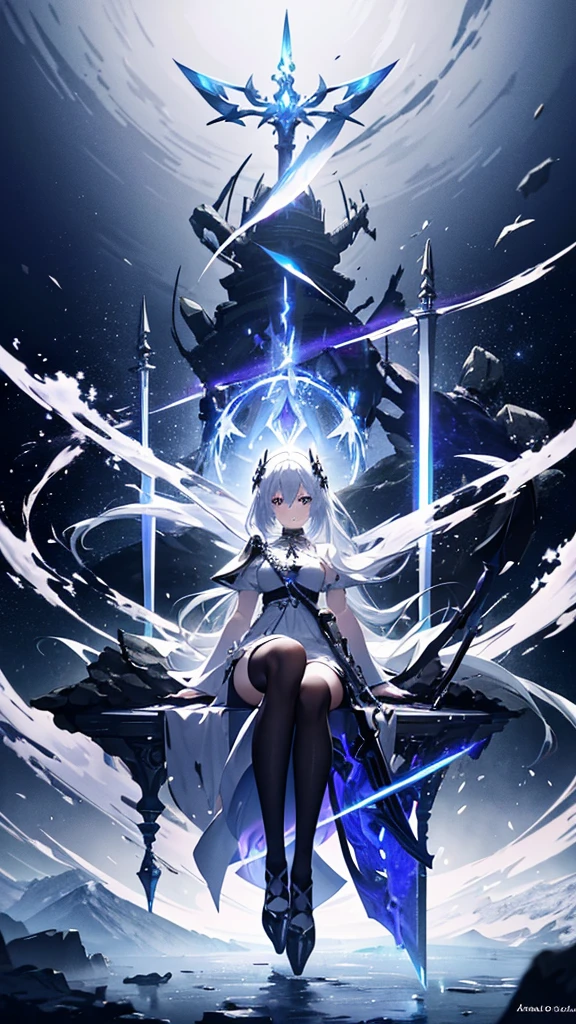 Woman in white dress sitting on a rock holding a sword, Masterpiece Goddess of Sorrow, Gothic Maiden Anime Girl, From Arknights, Anime Goddess, Shadowverse Style, Spectacular artwork of anime, Detailed Key Anime Art, Detailed anime art, Gwaiz, She has a sword, 8k high quality detailed art, Fate-like anime style/Stay Night