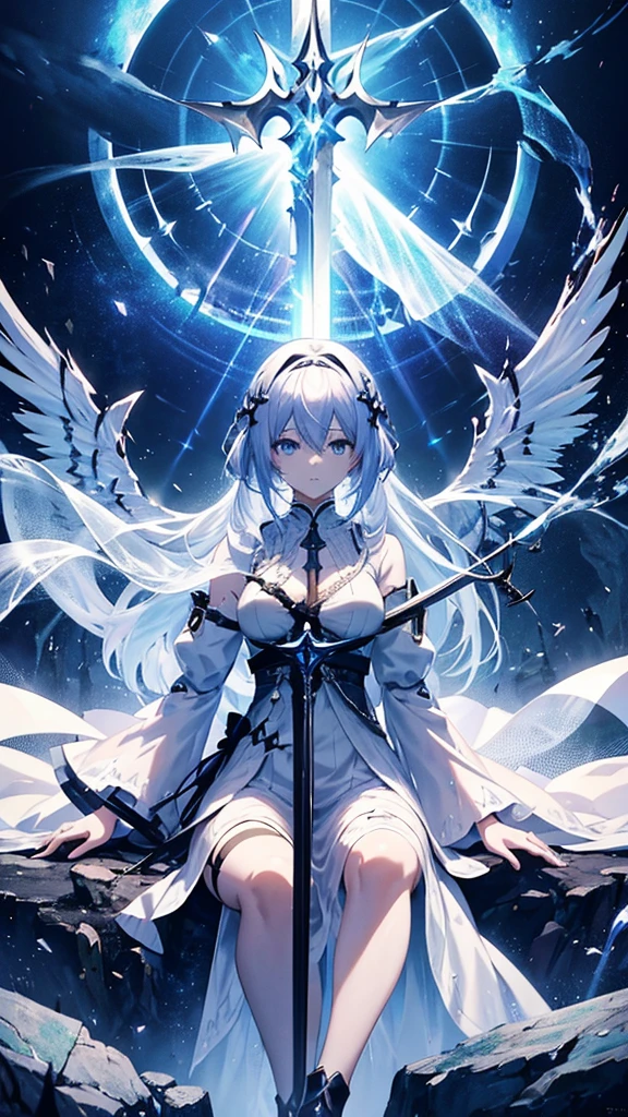 Woman in white dress sitting on a rock holding a sword, Masterpiece Goddess of Sorrow, Gothic Maiden Anime Girl, From Arknights, Anime Goddess, Shadowverse Style, Spectacular artwork of anime, Detailed Key Anime Art, Detailed anime art, Gwaiz, She has a sword, 8k high quality detailed art, Fate-like anime style/Stay Night
