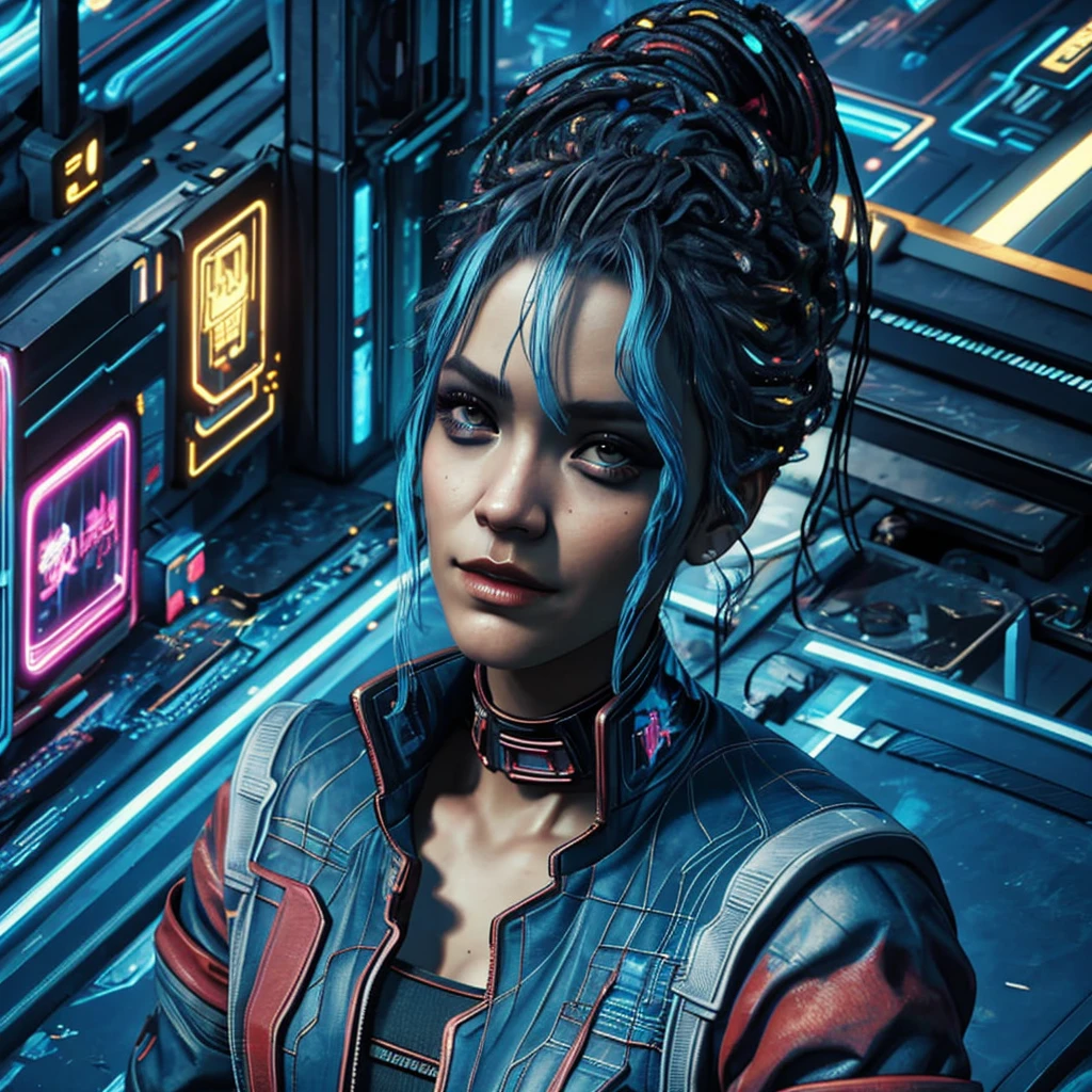 there is a woman with blue hair and a jacket, hyper-realistic cyberpunk style, realistic art style, Retrato ciberpunk, 🤤 portrait of , cyberpunk artstyle, cyberpunk anime digital art, Retrato de RossDraws, garota cyberpunk sonhadora, the cyberpunk portrait of , portrait of cg society, cyberpunk style ， hyper realist, realism art style, photorealistic art style, rossdraws pastel vibrante, smiling, 