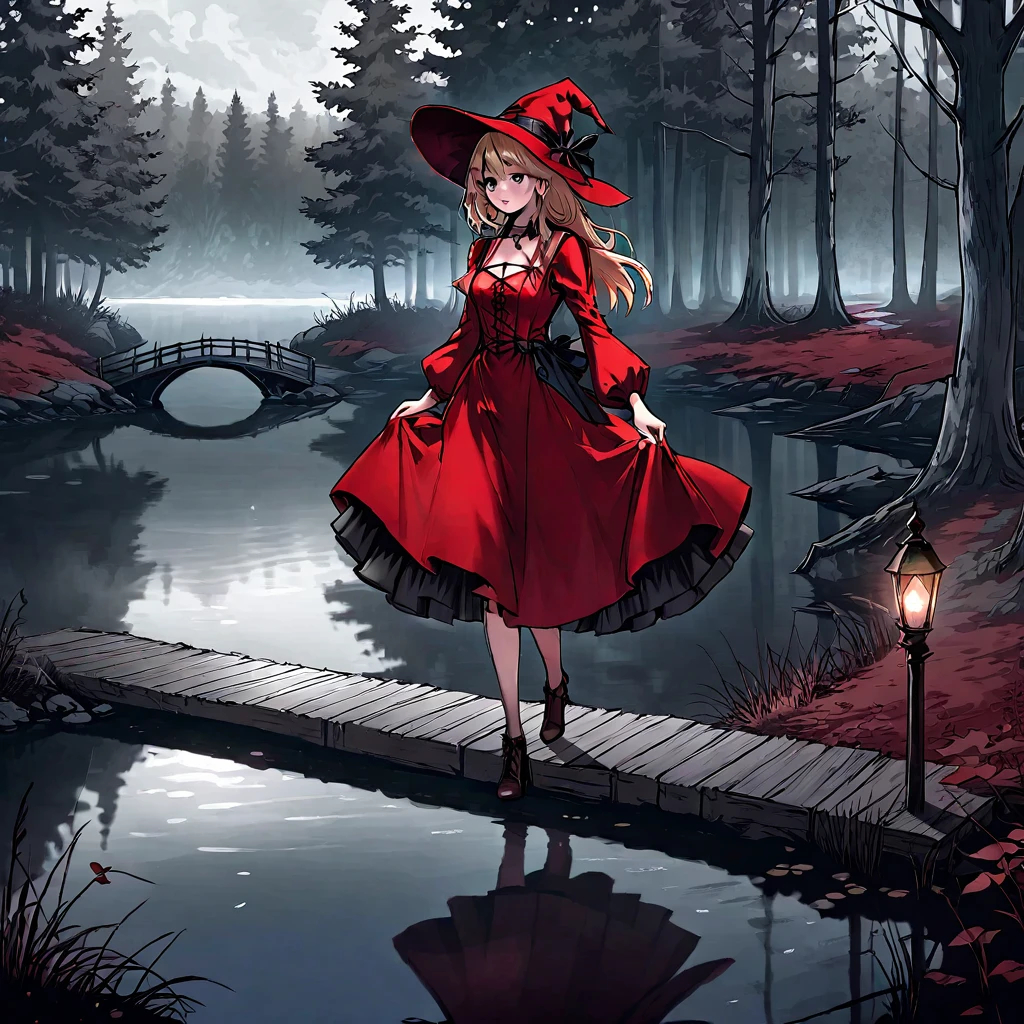 A beautiful young witch，Wearing a red dress（European medieval style，Gothic style），Walking alone in the woods，There is a lake next to it.。Line drawing style，Suspenseful dark style。