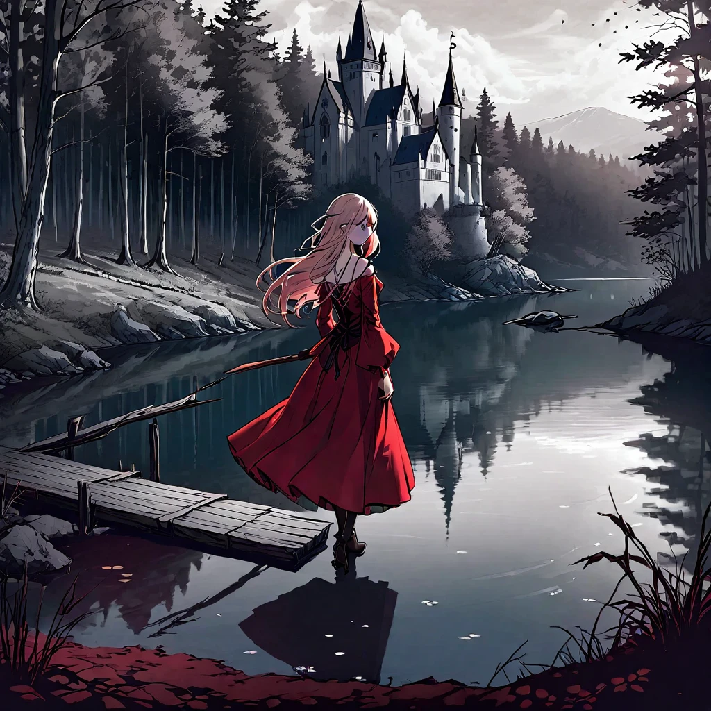 A beautiful young witch，Wearing a red dress（European medieval style，Gothic style），Walking alone in the woods，There is a lake next to it.。Line drawing style，Suspenseful dark style。