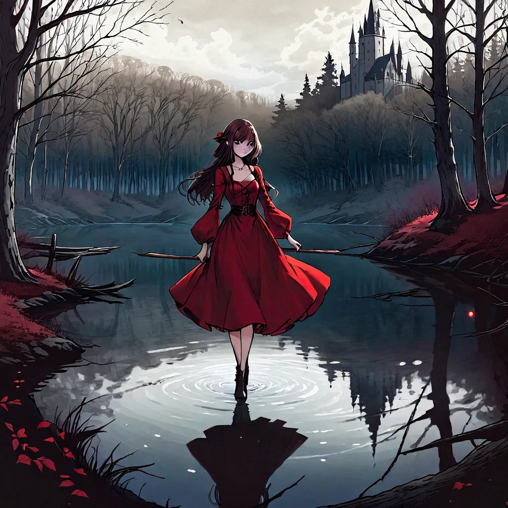 A beautiful young witch，Wearing a red dress（European medieval style，Gothic style），Walking alone in the woods，There is a lake next to it.。Line drawing style，Suspenseful dark style。