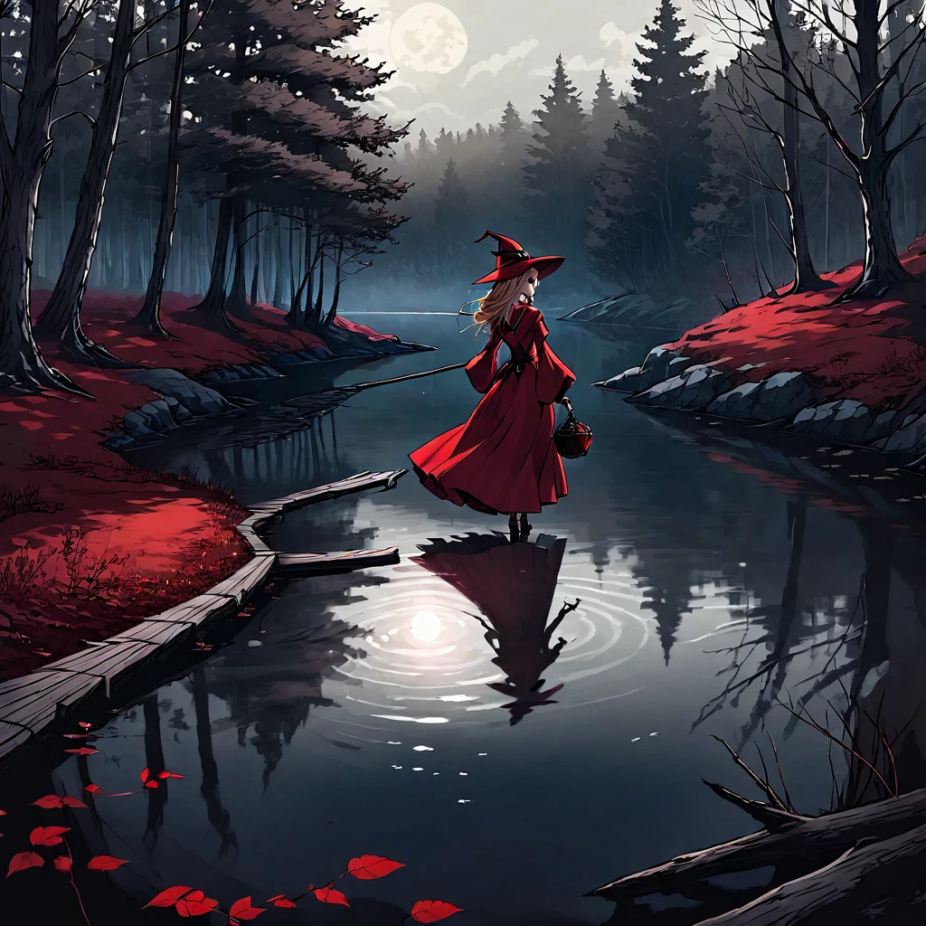 A beautiful young witch，Wearing a red dress（European medieval style，Gothic style），Walking alone in the woods，There is a lake next to it.。Line drawing style，Suspenseful dark style。