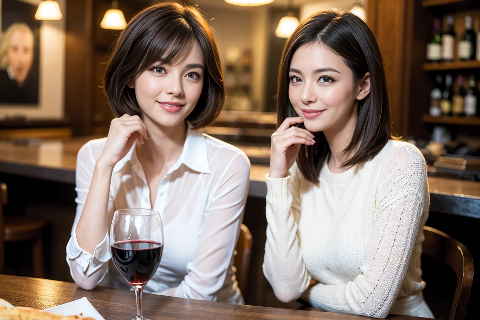 ((Highest quality、8K、masterpiece:1.3))、cute、slimカップル、modelカップル、(Realistic, Intricate details:1.2), full-course dinner、Wine Party、Amazing view of the sunset sky and clouds、A bright smile、The wonderfulness of smile、Bright image、The beauty of wine, Beautiful Face, blue eyes, The light shines on your face, Blushing, short hair,Bright Face、 (Age 37), Age 34, red wine 、Appetizers、Italian food、Wine bottle、Champagne、sparkling wine、Two beauties、Brown Hair、Shortcuts、Long sleeve shirt、dress、Beautiful woman 1, (slimな顔), (The body is slim), (Brown Hair), (Shortcuts), cheeks turn a little red,Attractive beauty、restaurant, In a prominent place (From the waist up) Nova Frog Style, actress, model, Upper Body, White wine, slim, wine glass, 中央に置かれたwine glass, smile, (smile: 1.15), Beautiful fine grain, Depth f/2,saturation, High Contrast, Strong light and shadow,Moist Body:1.5、3D texture、Delicate eyes、Brown Hair、The hair is very shiny、