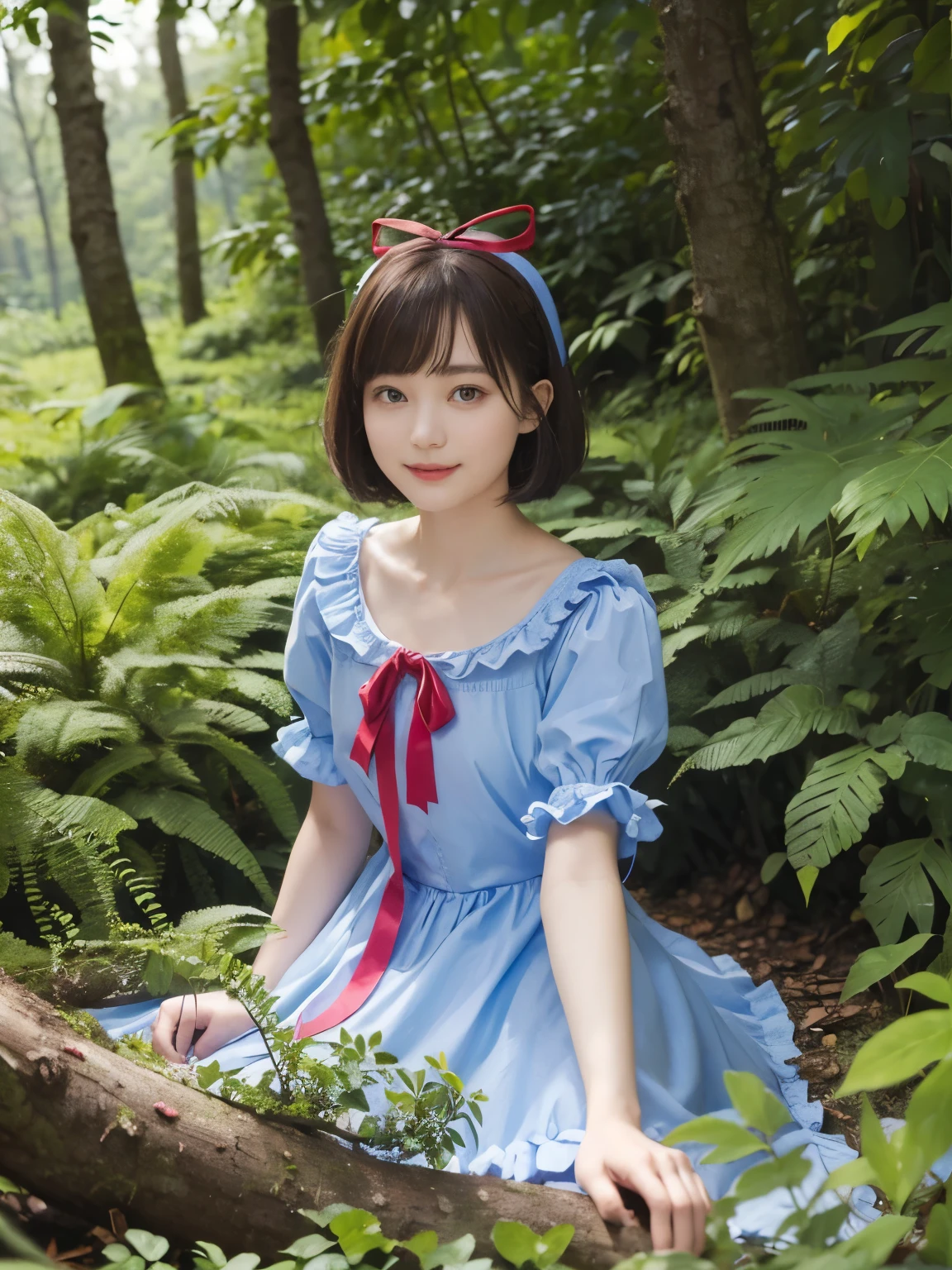 (alice in wonderland), 1-9-1, (He wears a large triangular ribbon on his head....), short hair, young woman, gentle smile, colorful clothes, in the deep forest, There is a large stump

