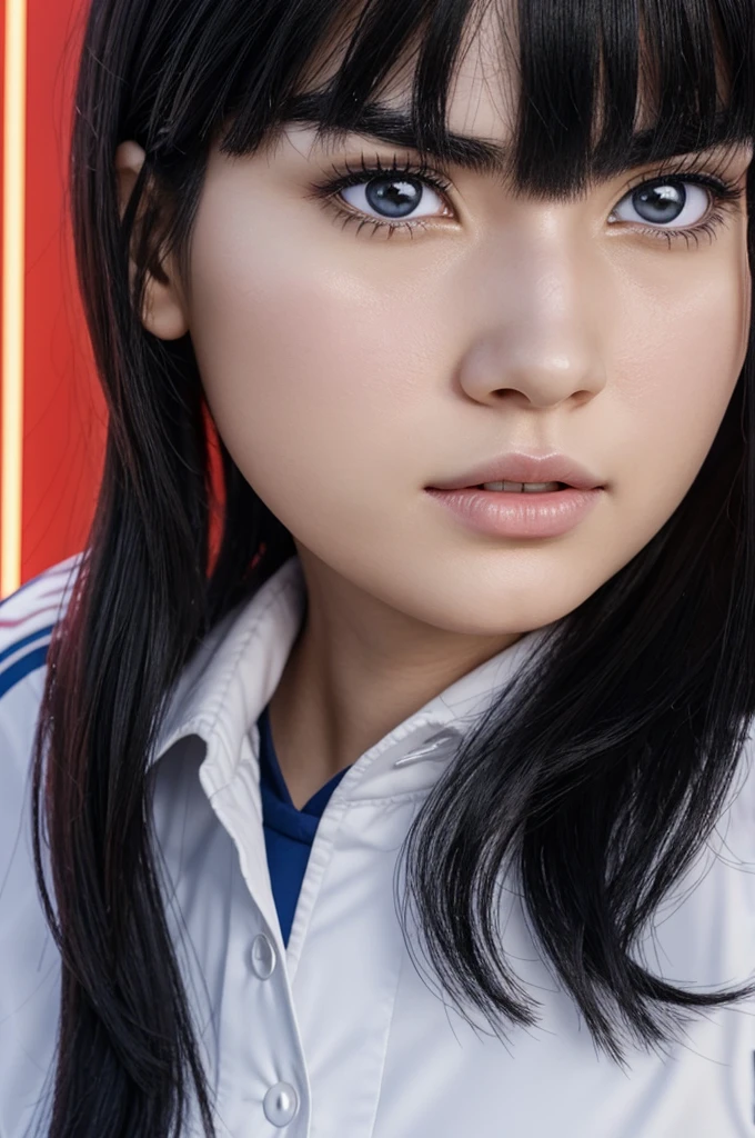 Screenshot of my character She is a woman, She has thigh-length black hair.,with bangs above the eyebrows, has pale white skin, has asicatris under the eye, his eyes are fiery red, stomach 1.50, He is wearing the UA uniform from my hero academia