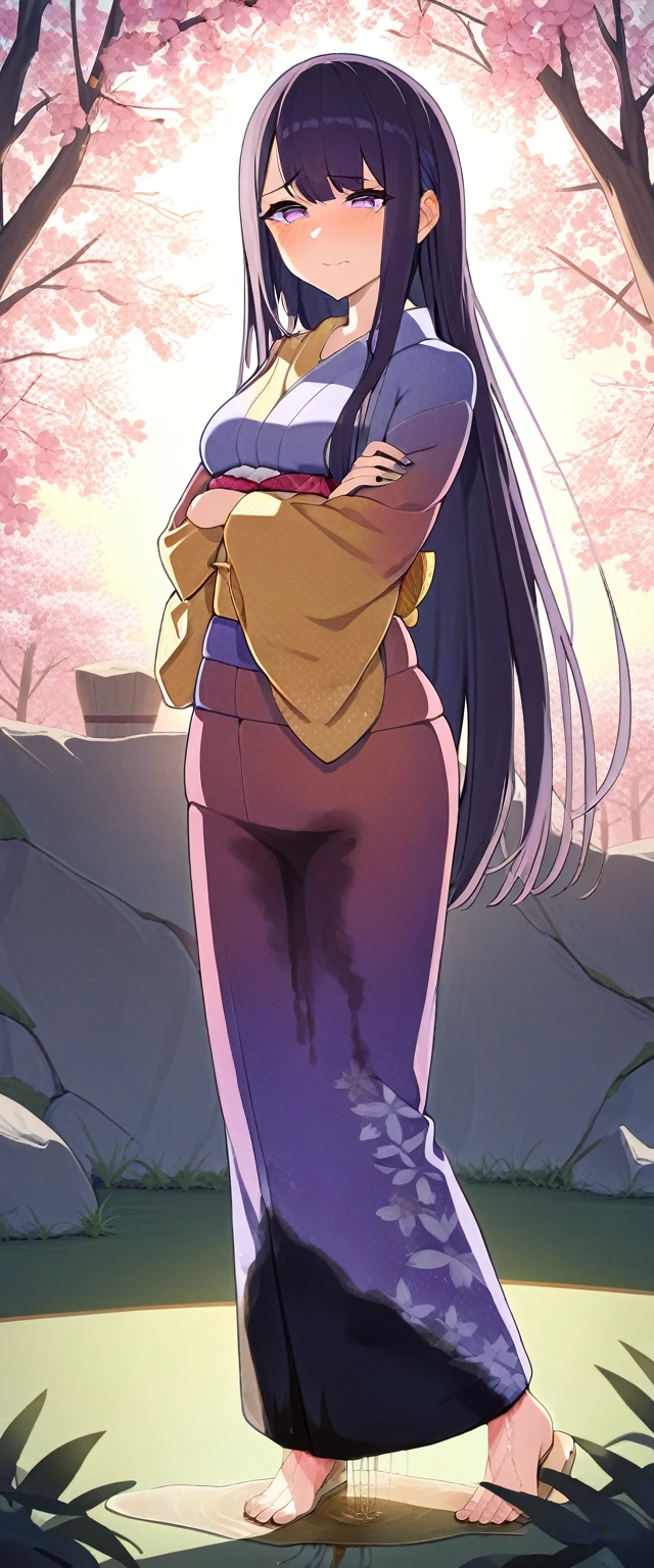 (masterpiece:1.37), best quality, (extremely detailed:1.37), (1girl:1.5), woman, (mature:1.5), (adult:1.5), large breasts, very long hair, (straight hair:1.5), (very dark purple hair:1.5), purple eyes, (extremely detailed eyes:1.37), (kimono:2.0), desperation, (wetting self:2.0), standing, (crossed arms:1.5), embarrassed, humiliation, blushing, angry, cherry blossoms, garden, (golden hour:1.5), full body