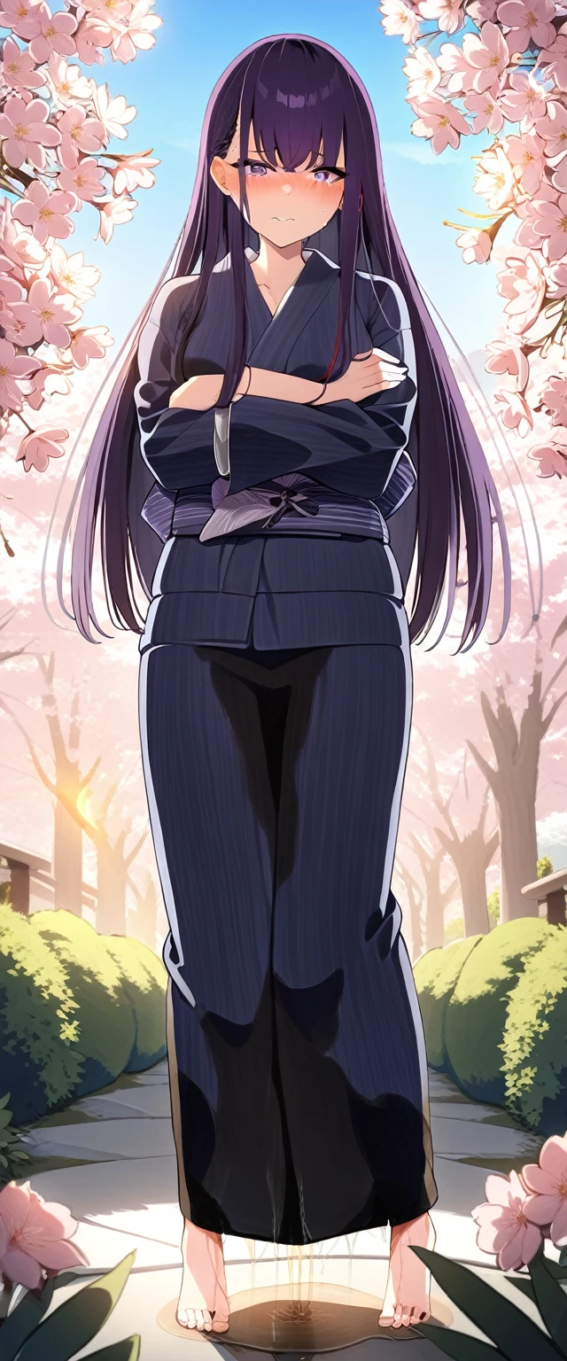 (masterpiece:1.37), best quality, (extremely detailed:1.37), (1girl:1.5), woman, (mature:1.5), (adult:1.5), large breasts, very long hair, (straight hair:1.5), (very dark purple hair:1.5), purple eyes, (extremely detailed eyes:1.37), (kimono:2.0), desperation, (wetting self:2.0), standing, (crossed arms:1.5), embarrassed, humiliation, blushing, angry, cherry blossoms, garden, (golden hour:1.5), full body