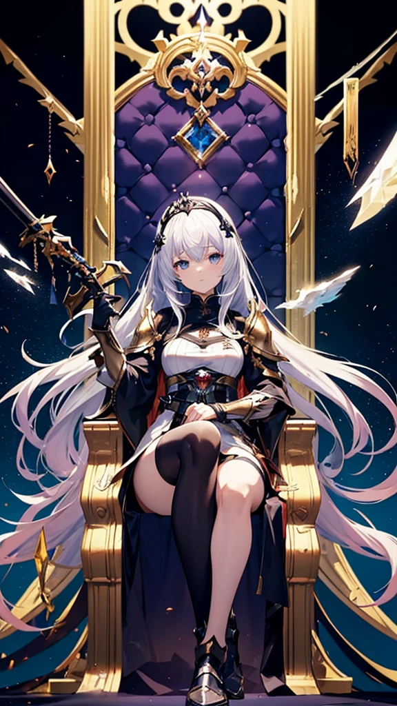 Anime girl sitting on a throne with a sword in her hand, Shadowverse style, from Arknights, White-haired God, Sitting on a complicated throne, Shadowverse, Sitting on a golden throne, Epic light novel art cover, Broken Throne, ((Beautiful Fantasy Empress)), Gothic Maiden Anime Girl, Sitting on a complicated throne, Arknights, Armor Girl

