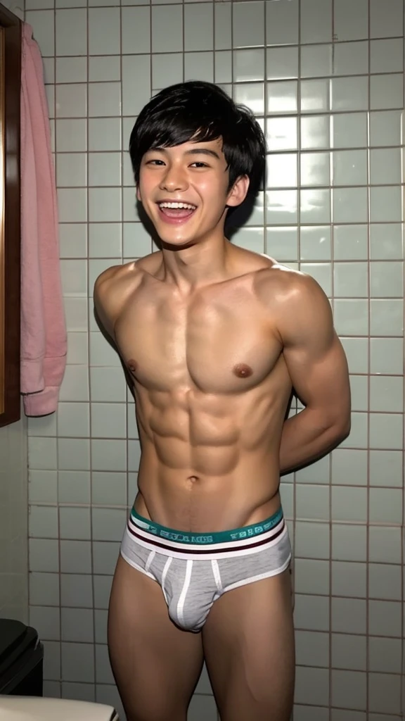 13 years old、Very handsome Japanese man、Pretty short sporty short black hair、Quite short but well-trained muscles、In the small bathroom at night、Showing off some very tight, elaborately designed, bulging briefs、A happy smile with a wide open mouth、I can see the side clearly、The whole body is clearly visible、