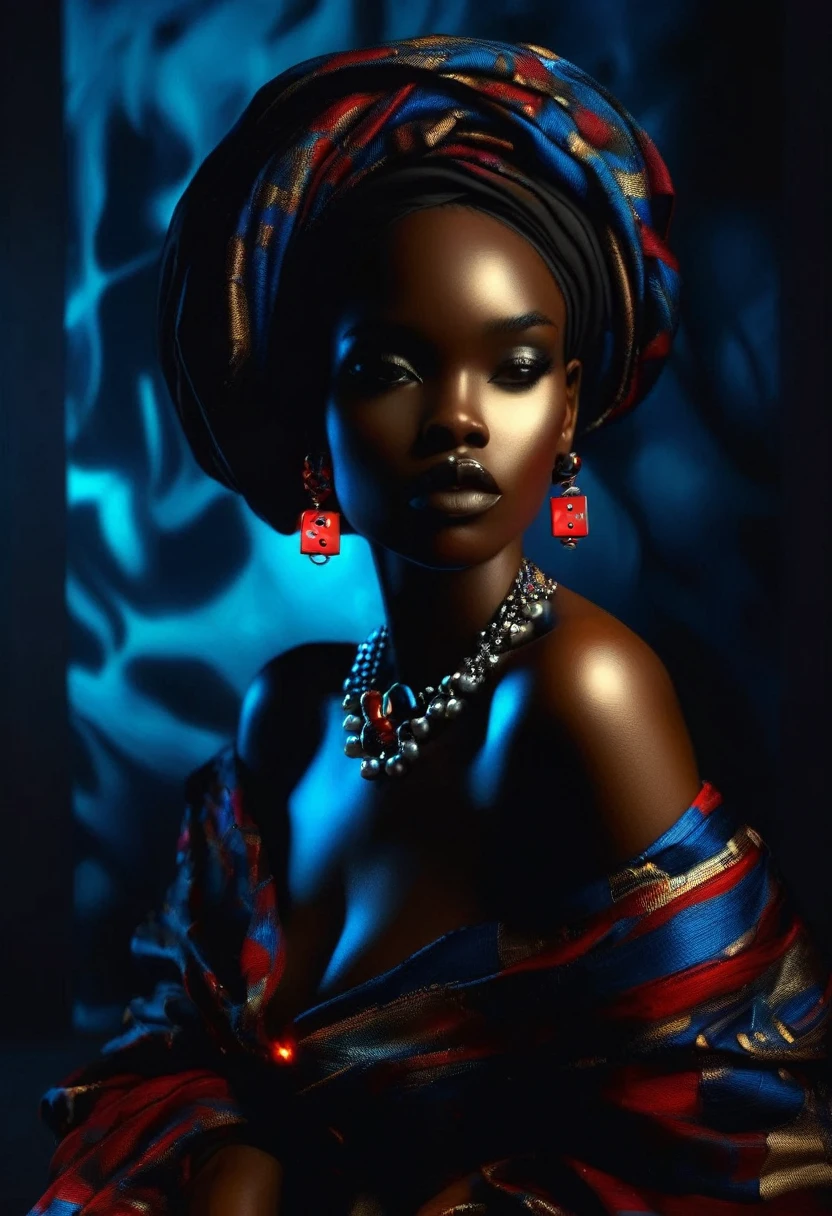 4D portrait of a full body image of a Black woman dressed in African designed clothes with neon lit glowing red and blue dice floating around her, with red and blue dice lighting the scene, dim lit scene with only the red and blue dice shining in the scene, standing model pose in a dice designed cube room, Oil Painting, 3/4 Profile view, gorgeous African designed pearl necklace, Luxurious fabrics, detailed embroidery, Moody chiaroscuro lighting, hight resolution