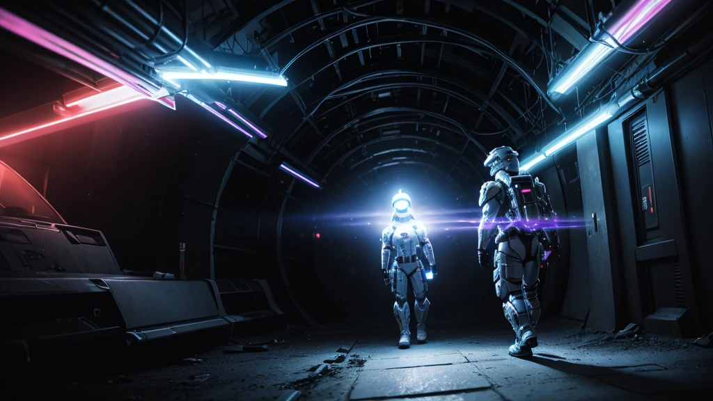 long shot, walking through a portal to another world, full body shot of halo of heavens cyberpunk soldier wearing mask that's glows red in the eyes, wearing all white with a halo, walking through a portal to another world, high detail,  wide shot, 4K, 3D, REALISTIC, (iridescent glow smoke), UHD, 32K, very bold neon colors, black light, neon light