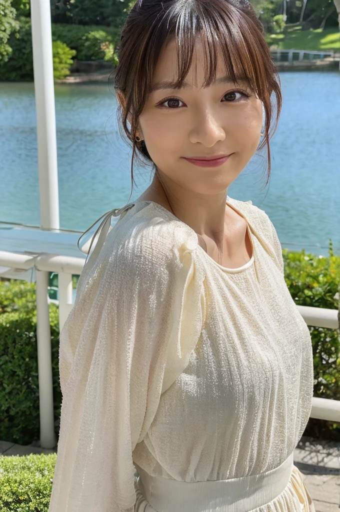 ((highest quality、8k、masterpiece:1.3))、Photorealistic, Sharp focus, high resolution, High resolution, Portraiture, alone, Japanese, Middle-aged women, Beautiful woman, 80 years old, Voluptuous figure, She has wavy hair and it is slightly dyed., Short sleeve, Wrinkles around the eyes, Fluttering skirt,In front of the fountain in the park
