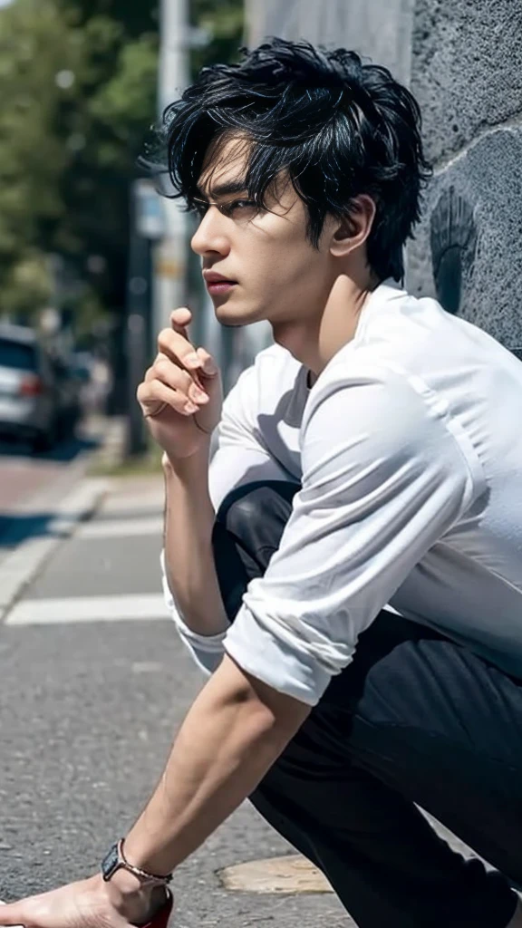 The person is also generated vertically.
Create a highly detailed image of a mysterious and thoughtful male character in a crouching position. The character should have spiky black hair and large, intense eyes. He is dressed in a loose-fitting white shirt and dark pants, with bare feet. The character's pose should convey deep contemplation, with one hand touching his lips and the other resting on the ground for balance. Background is a little horror.