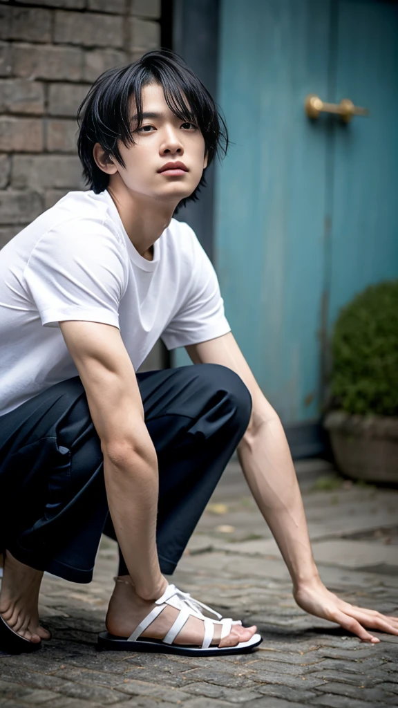 The person is also generated vertically.
Create a highly detailed image of a mysterious and thoughtful male character in a crouching position. The character should have spiky black hair and large, intense eyes. He is dressed in a loose-fitting white shirt and dark pants, with bare feet. The character's pose should convey deep contemplation, with one hand touching his lips and the other resting on the ground for balance. Background is a little horror.