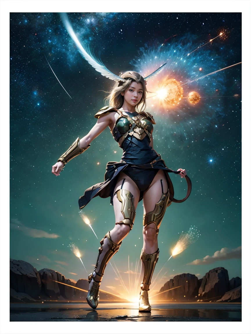 Textured skin, Super detailed, Attention to detail, high quality, 最high quality, High resolution, 1080P, beautiful,(cyborg)、Valkyrie、Micro Missile Pod,Machine gun on the back,beautifulcyborg女性,メカcyborg少女,Battle Mode,Bursting with energy、Meteors、Energy Helmet、((Photograph the whole body))、Action pose