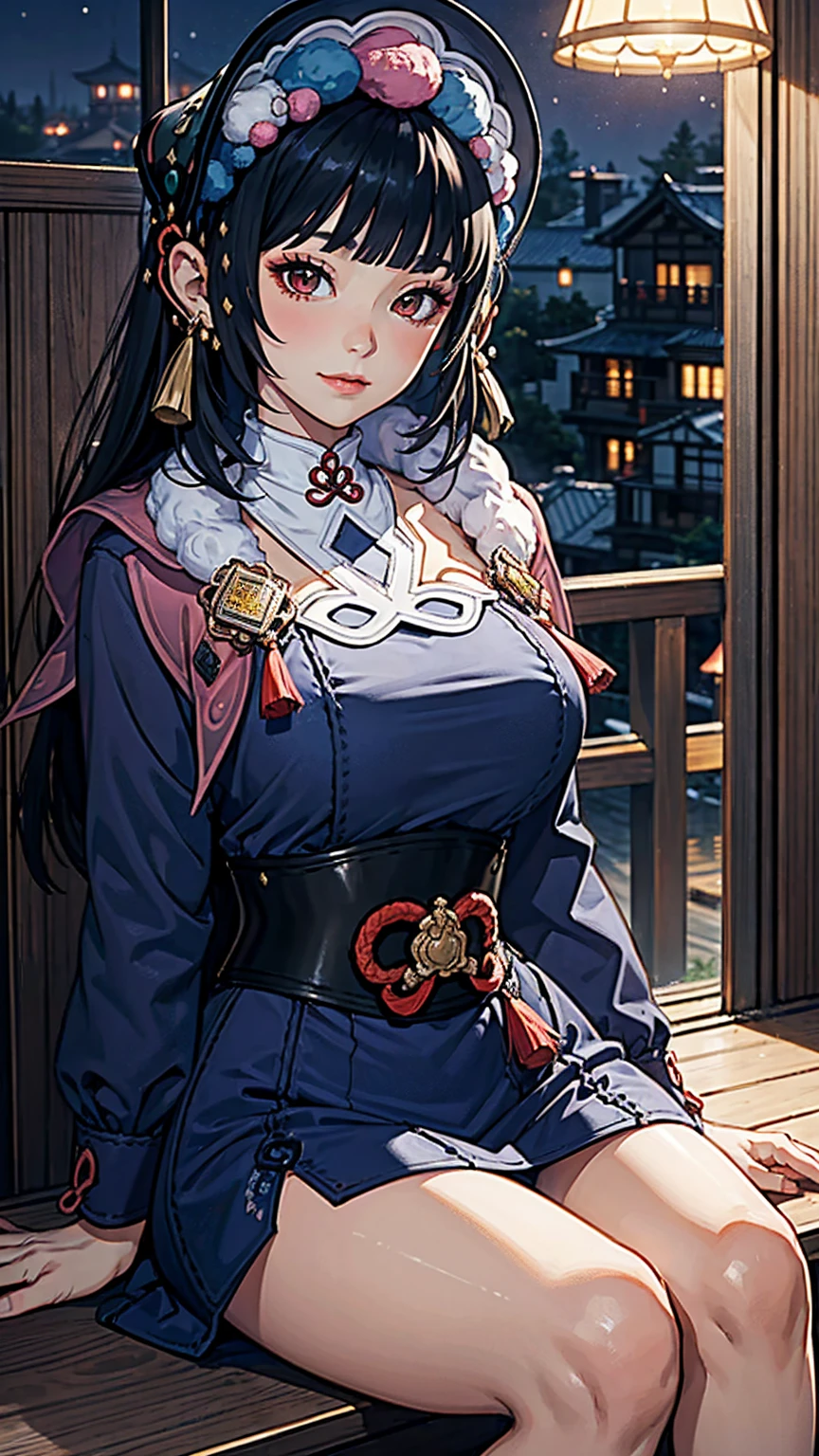 (Yunjindef), (narrow waist), blushing, official art, detail face, cg,looking at viewer, (sitting),indoor, (expansive landscape photography:1.2),(night), huge breast