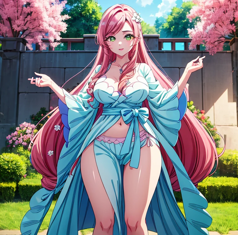 1 girl, alone, hahari hanazono, long hair, bangs, (green eyes: 1.2), pink hair, flower, hair flower, smile, (pink blouse), white floral print, bare waist, tight blue jeans, outdoors, city, walking, from behind looking at viewer, pov(from below), masterpiece: 1.2), best Quality, high resolution, Unity 8k wallpaper, (artwork: 0.8), green eyes (beautiful detailed eyes: 1.6), extremely detailed face, perfect lighting, extremely detailed CG (perfect hands, perfect anatomy), large breasts, medium waist. , wide hips, medium thighs, round butt