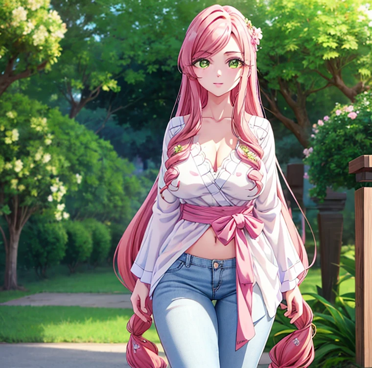1 girl, alone, hahari hanazono, long hair, bangs, (green eyes: 1.2), pink hair, flower, hair flower, smile, (pink blouse), white floral print, bare waist, tight blue jeans, outdoors, city, walking, from behind looking at viewer, pov(from below), masterpiece: 1.2), best Quality, high resolution, Unity 8k wallpaper, (artwork: 0.8), green eyes (beautiful detailed eyes: 1.6), extremely detailed face, perfect lighting, extremely detailed CG (perfect hands, perfect anatomy), large breasts, medium waist. , wide hips, medium thighs, round butt