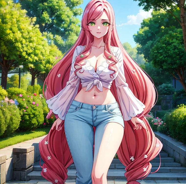 1 girl, alone, hahari hanazono, long hair, bangs, (green eyes: 1.2), pink hair, flower, hair flower, smile, (pink blouse), white floral print, bare waist, tight blue jeans, outdoors, city, walking, from behind looking at viewer, pov(from below), masterpiece: 1.2), best Quality, high resolution, Unity 8k wallpaper, (artwork: 0.8), green eyes (beautiful detailed eyes: 1.6), extremely detailed face, perfect lighting, extremely detailed CG (perfect hands, perfect anatomy), large breasts, medium waist. , wide hips, medium thighs, round butt