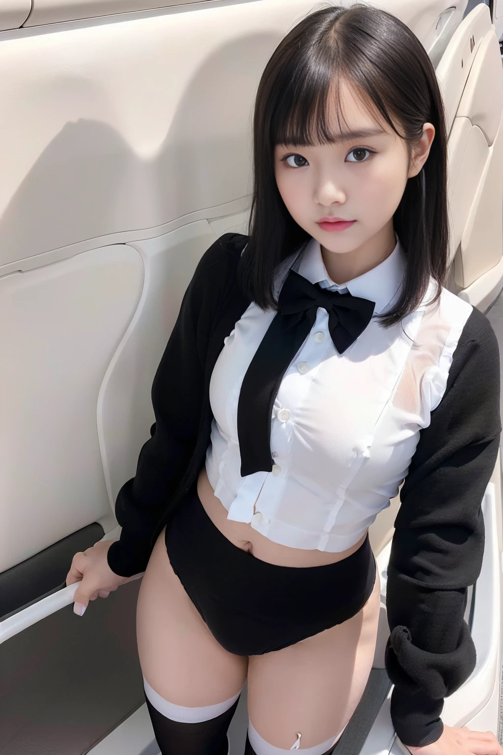 (8x_NMKD-Superscale_150000_G), (best quality), (high resolution), (masterpiece), (standing in airplane aisle), (((flight attendant))), ((short, black hair)), ((cute , baby face))), ((24 years old, 1 beautiful girl)), ((bow tie)), ((white shirt, navel bare, sexy panties, black long socks)), Japanese