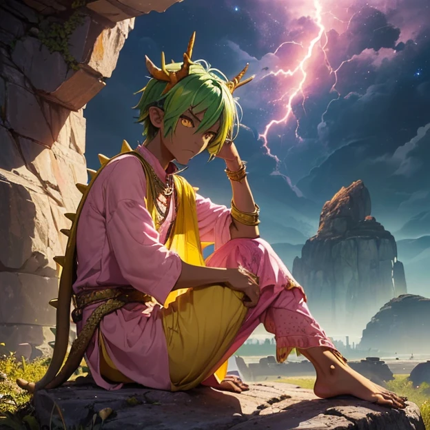 (master piece, best high quality image, very good detailed image, very good detailed character, very good detailed background, very detailed textures, carefully detailed and textures, character alone, full body)
{{((1:character: 20 years old male-humanoid-lizard, (dark-yellow skin, snake eyes, no nose, spiky green hair, fish ears, serious face, holding, dinosaur feet, sitting alone over a rock), (pink indian tunic, yellow pants, barefoot, long big lightning warhammer), (desert planet))}}