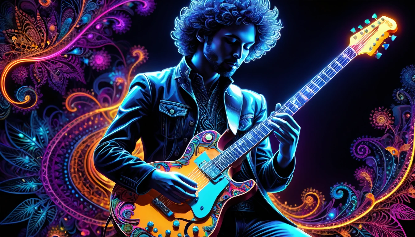 Black Light Art,(masterpiece, Highest quality, The best quality at its best, Official Art, Beautiful and beautiful:1.2), (One guitarist:1.3), Very detailed,(Fractal Art:1.2),colorful,Most detailed,( Zentangle neon light:1.2), (Dynamic Pose), (Abstract background neon lights:1.5), (Many colors:1.4), neon,16K,Full HD