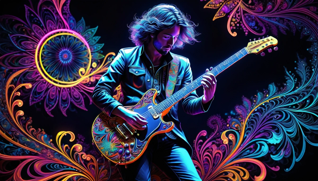 Black Light Art，(masterpiece, Highest quality, The best quality at its best, Official Art, Beautiful and beautiful:1.2), (One guitarist:1.3), Very detailed,(Fractal Art:1.2),colorful,Most detailed,( Zentangle neon light:1.2), (Dynamic Pose), (Abstract background neon lights:1.5),  (Many colors:1.4), neon,16K,Full HD