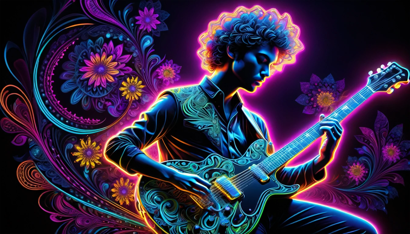 Black Light Art,(masterpiece, Highest quality, The best quality at its best, Official Art, Beautiful and beautiful:1.2), (One guitarist:1.3), Very detailed,(Fractal Art:1.2),colorful,Most detailed,( Zentangle neon light:1.2), (Dynamic Pose), (Abstract background neon lights:1.5), (Many colors:1.4), neon,16K,Full HD