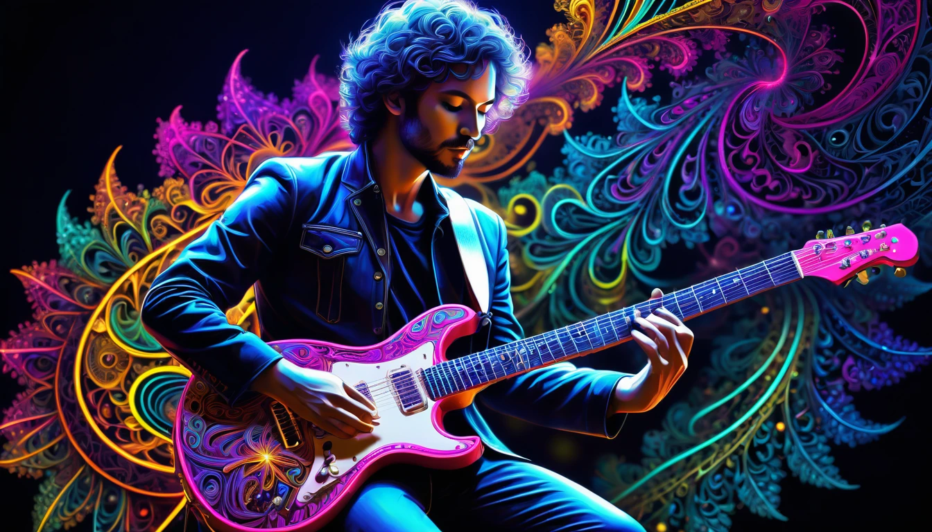 Black Light Art，(masterpiece, Highest quality, The best quality at its best, Official Art, Beautiful and beautiful:1.2), (One guitarist:1.3), Very detailed,(Fractal Art:1.2),colorful,Most detailed,( Zentangle neon light:1.2), (Dynamic Pose), (Abstract background neon lights:1.5),  (Many colors:1.4), neon,16K,Full HD