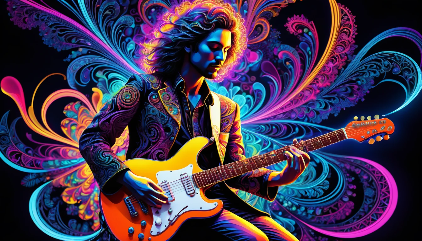 Black Light Art,(masterpiece, Highest quality, The best quality at its best, Official Art, Beautiful and beautiful:1.2), (One guitarist:1.3), Very detailed,(Fractal Art:1.2),colorful,Most detailed,( Zentangle neon light:1.2), (Dynamic Pose), (Abstract background neon lights:1.5), (Many colors:1.4), neon,16K,Full HD