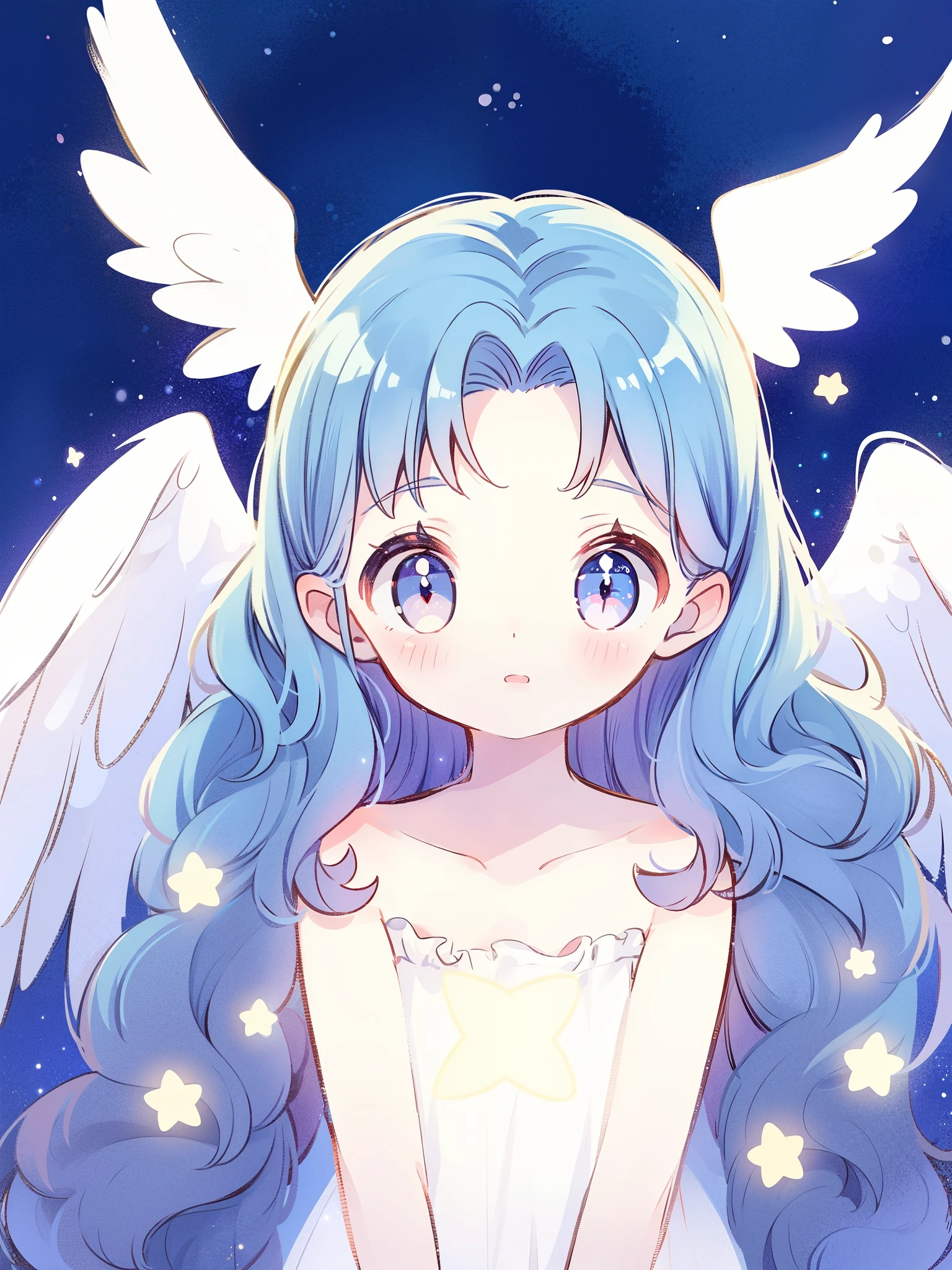 cute nude angel girl wearing an ethereal translucent dress, pale skin, ((wavy blue hair)), white feathers, angel wings, sparkling detailed eyes, golden ratio face, perfect composition, highly detailed, ethereal, (starry night sky background), midjourney style