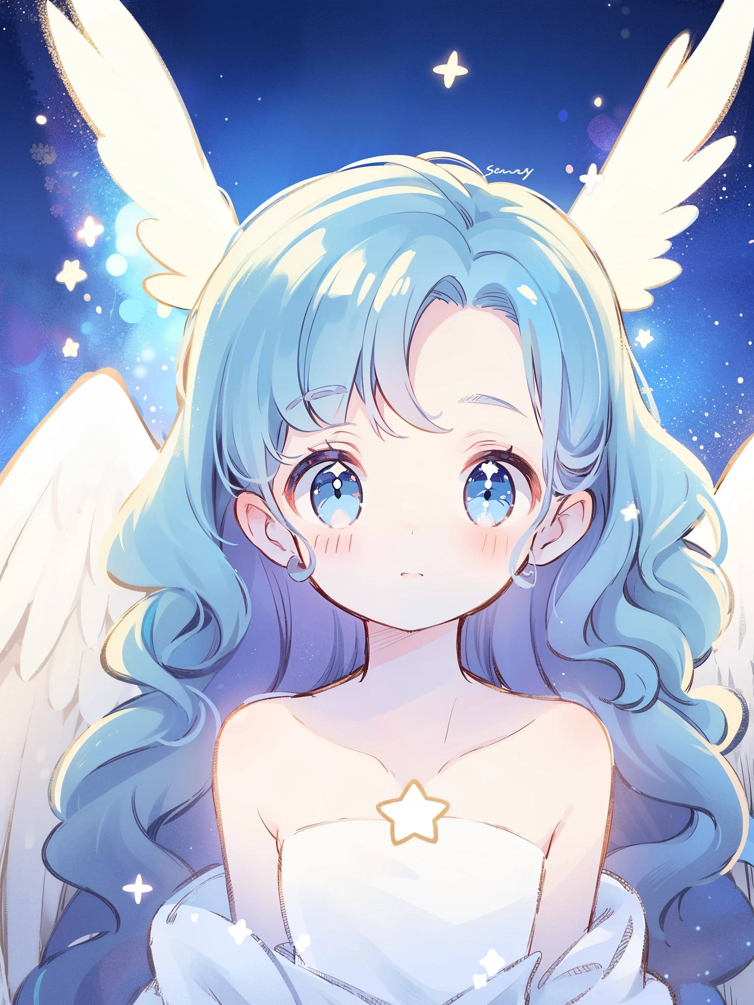 cute nude angel girl wearing an ethereal translucent dress, pale skin, ((wavy blue hair)), white feathers, angel wings, sparkling detailed eyes, golden ratio face, perfect composition, highly detailed, ethereal, (starry night sky background), midjourney style