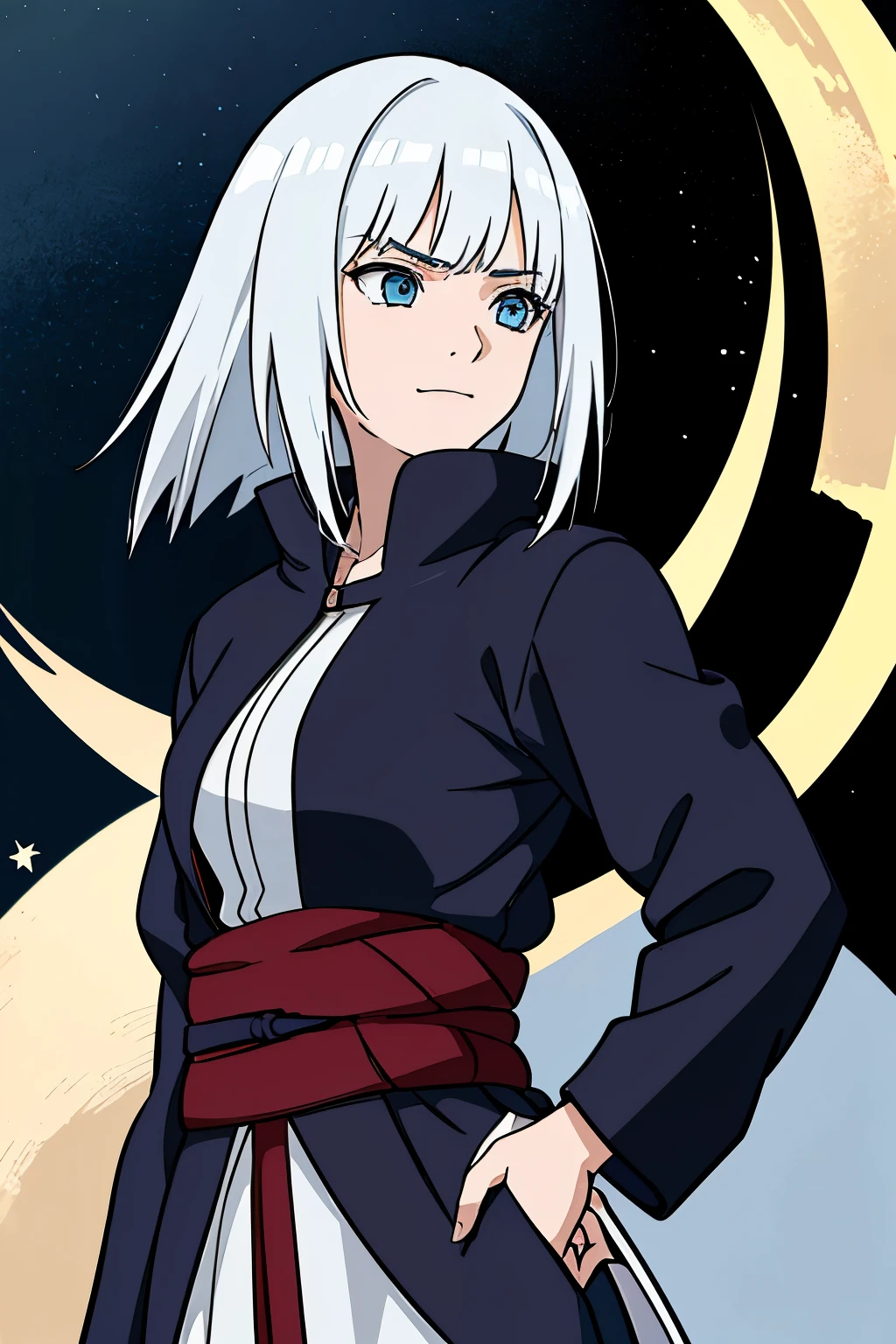 (high-quality, breathtaking),(expressive eyes, perfect face) portrait, Symmetrical Eyes, 1girl, solo, white hair, white coloured eyes, anime naruto art style, medium length hair, fluffy hair, feminine face, sky background, moon, open field background, stars, trees, hyuga, Ōtsutsuki, naruto ninja attire, neutral expression, soft smile, purple and black clothing, white trim, long sleeves, white dress, hair between eyes, bare shoulders, jacket, night time