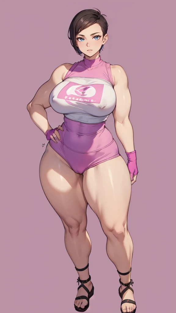 (masterpiece), best quality, female warrior, huge girl, female muscular:1.2, ((very short hair:1.6)), fuchsia hair, big breast, (curvy:1.6), (((blank background))), ((full body)), fingerless gloves, sandals, sleeveless, covered nipples, tshirt top, shaved hair, (buzzcut hairstyle), white socks