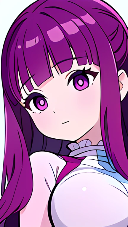 kawaii girl,Fern, Long Hair, bangs, (Purple eyes:1.1), Purple Hair, Side Lock, blunt bangs, (Bright Eyes:1.5), Half Up,Big breast, (score_9, score_8_up:1.1), score_7_up,twitch emotes