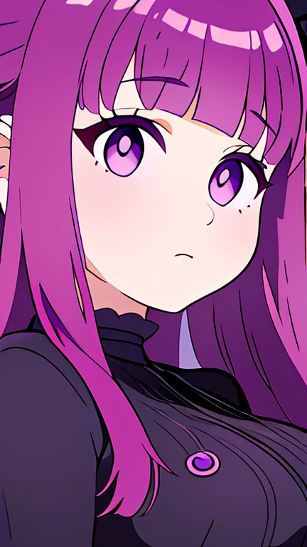 kawaii girl,Fern, Long Hair, bangs, (Purple eyes:1.1), Purple Hair, Side Lock, blunt bangs, (Bright Eyes:1.5), Half Up,Big breast, (score_9, score_8_up:1.1), score_7_up,twitch emotes