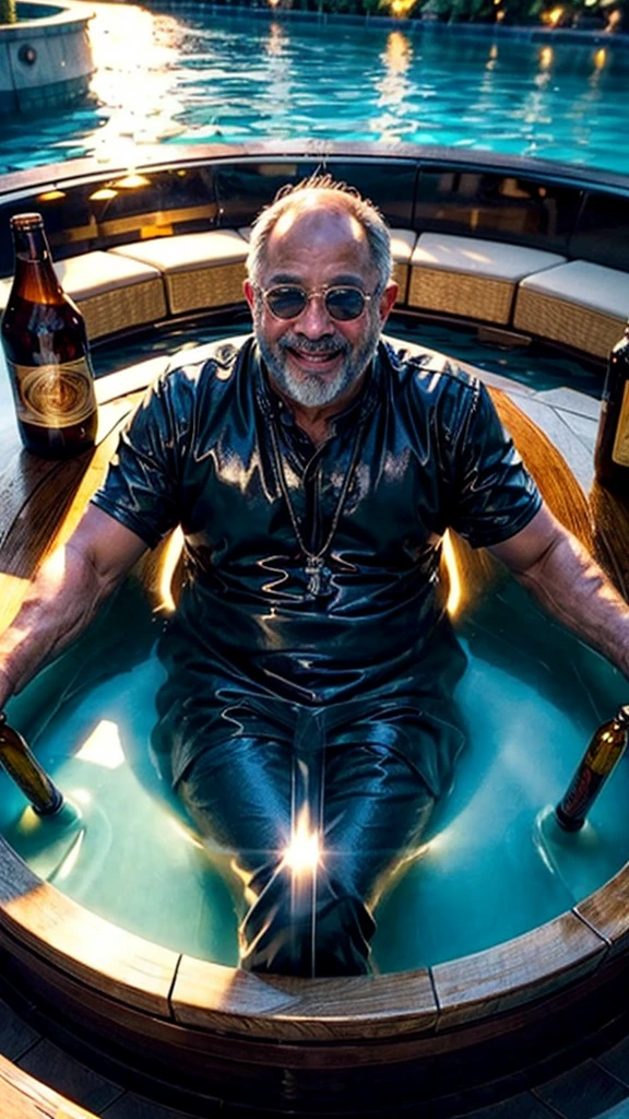 a joyful middle-aged man surrounded by beautiful women at a luxury yacht pool , beer bottles, crystal clear pool water, reflections, golden hour lighting, vibrant colors, photorealistic, 8k, HDR, cinematic, dynamic composition, high-quality, masterpiece