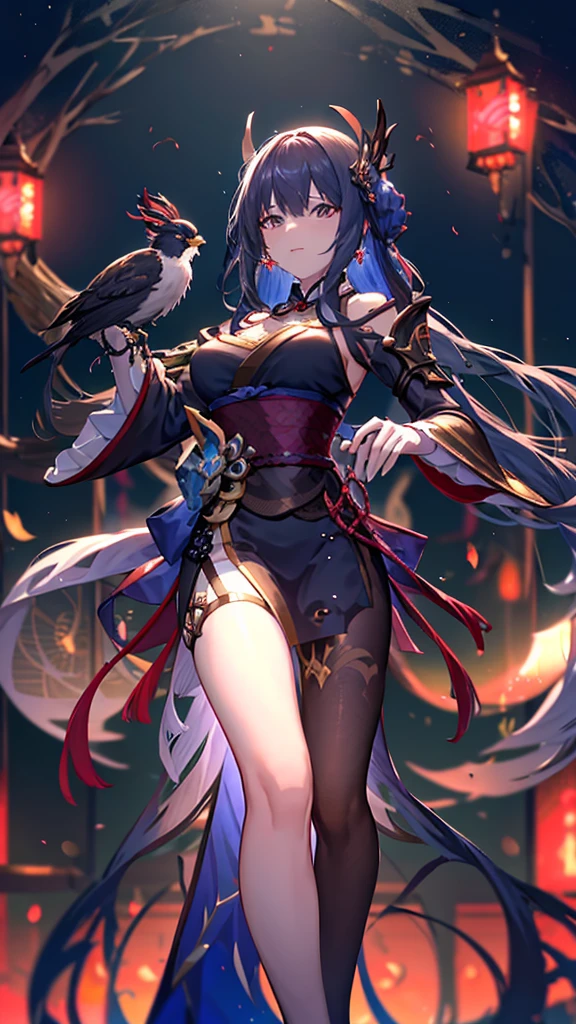 A woman in a blue dress holding a large bird, keqing from Genshin Impact impact, ayaka Genshin Impact impact, Granblue Fantasy, From Arknights, Genshin Impact impact character, ayaka game Genshin Impact impact, Shadowverse Style, From Girls Frontline, zhongli from Genshin Impact impact, video game Genshin Impact impact, Full body fairy, Genshin Impact