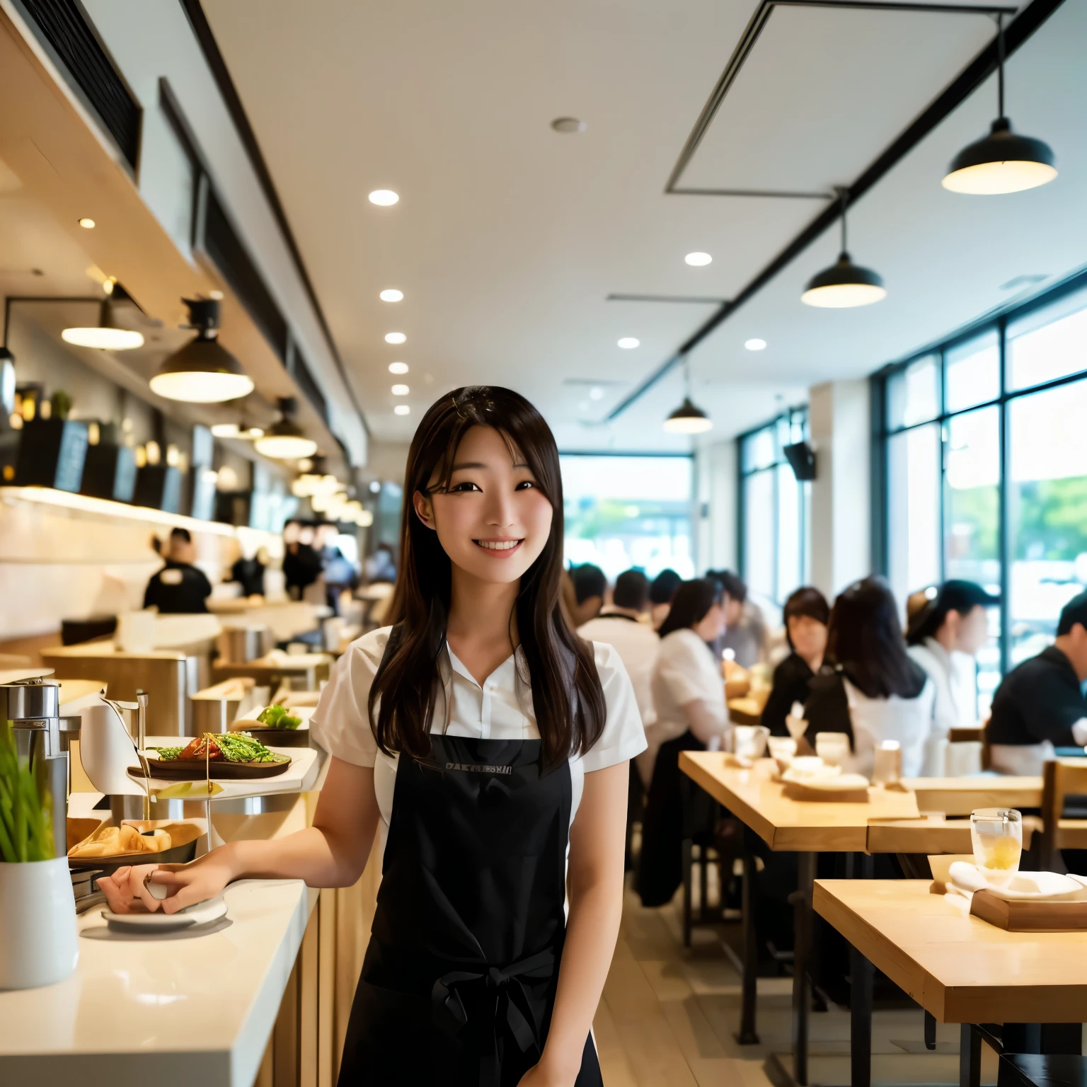arafed woman standing in a restaurant with a plate of food, standing in a restaurant, ( waitress ) girl, inspired by Yukimasa Ida, Wearing an apron, Shot with Canon EOA 6D Mark II, Morimoto, what a person, Gemma Chen, High-quality photos, Shot with Leica SL2, Starbucks Apron and Visor, 24 year old Japanese woman