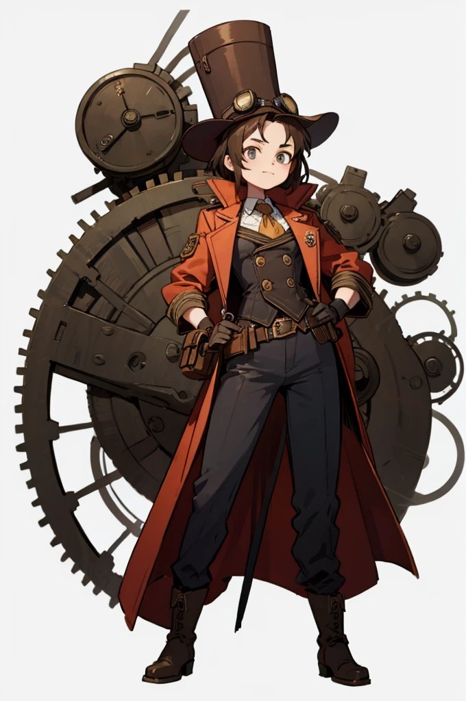 1.steampunk,,Goggles on the forehead,hat,A fake smile,gloves,whole body,boots,pants,White background, woman