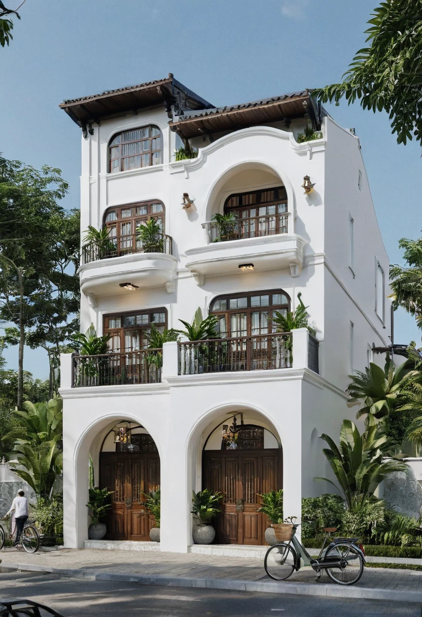 Render a 10-meter-wide, 6-story Indochine-style townhouse situated in an urban setting. The townhouse features an elegant white facade with traditional Indochine architectural elements, including arched windows, wooden shutters, and decorative railings. The roof is designed with a two-sided slope running from front to back, similar to the style of houses in Hoi An. The exterior walls are adorned with subtle, ornate details that reflect the Indochine style. Incorporate artistic wooden louver panels (lam gỗ) on the exterior for added visual interest and architectural depth. The ground floor includes a welcoming entrance with classic wooden furniture and traditional lanterns. The street is lined with cobblestone pavement, tropical plants, and urban elements such as street lamps and parked bicycles, creating a harmonious blend of traditional and urban aesthetics.
8k resolution, UHD, high-quality detail, Indochine style, 5-meter-wide facade, 3-story, white exterior, arched windows, wooden shutters, decorative railings, two-sided sloping roof, Hoi An style, classic wooden furniture, traditional lanterns, ornate details, artistic wooden louver panels, urban setting, street view, cobblestone pavement, tropical plants, street lamps, parked bicycles, harmonious blend of traditional and urban aesthetics.