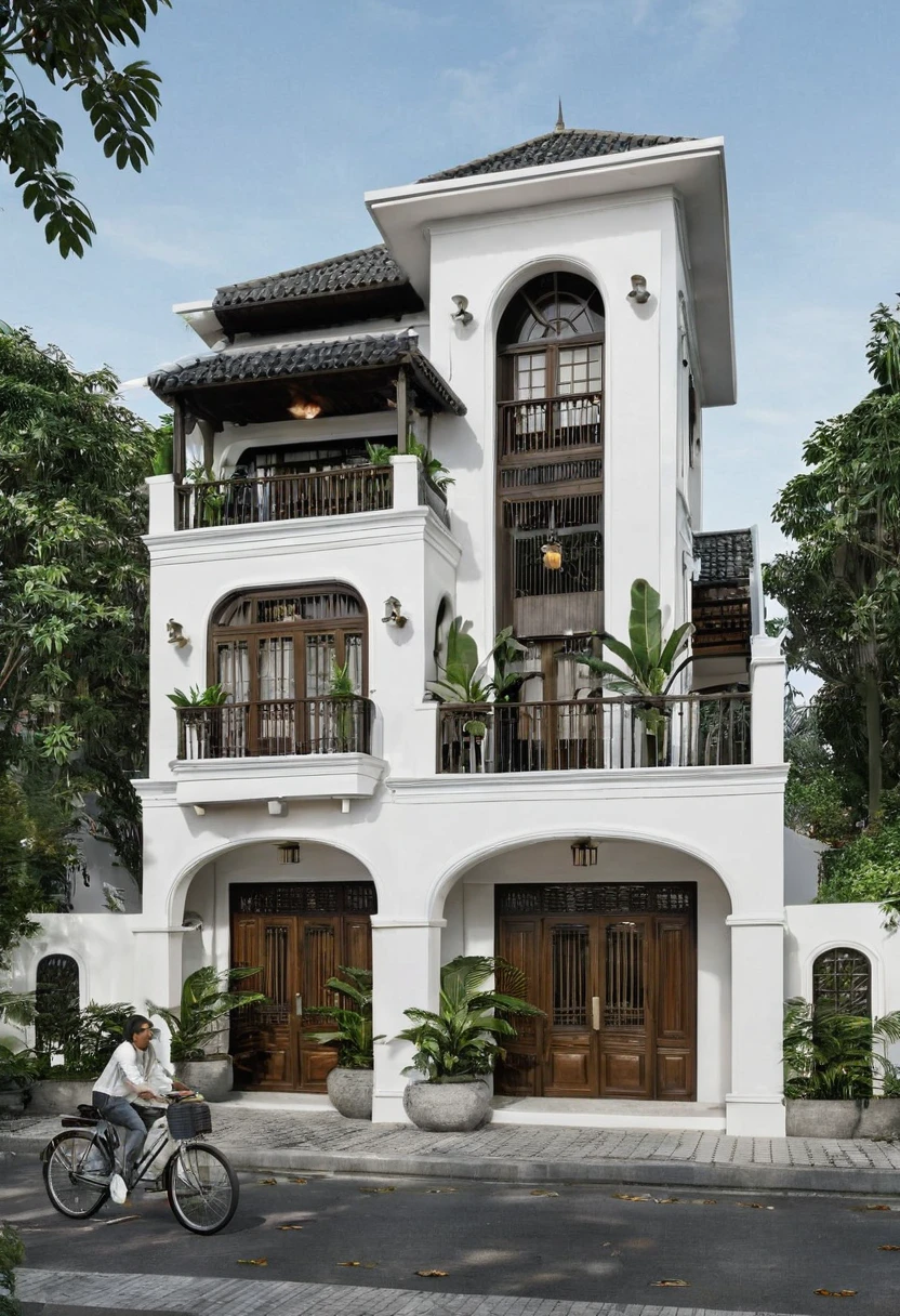 Render a 10-meter-wide, 6-story Indochine-style townhouse situated in an urban setting. The townhouse features an elegant white facade with traditional Indochine architectural elements, including arched windows, wooden shutters, and decorative railings. The roof is designed with a two-sided slope running from front to back, similar to the style of houses in Hoi An. The exterior walls are adorned with subtle, ornate details that reflect the Indochine style. Incorporate artistic wooden louver panels (lam gỗ) on the exterior for added visual interest and architectural depth. The ground floor includes a welcoming entrance with classic wooden furniture and traditional lanterns. The street is lined with cobblestone pavement, tropical plants, and urban elements such as street lamps and parked bicycles, creating a harmonious blend of traditional and urban aesthetics.
8k resolution, UHD, high-quality detail, Indochine style, 5-meter-wide facade, 3-story, white exterior, arched windows, wooden shutters, decorative railings, two-sided sloping roof, Hoi An style, classic wooden furniture, traditional lanterns, ornate details, artistic wooden louver panels, urban setting, street view, cobblestone pavement, tropical plants, street lamps, parked bicycles, harmonious blend of traditional and urban aesthetics.