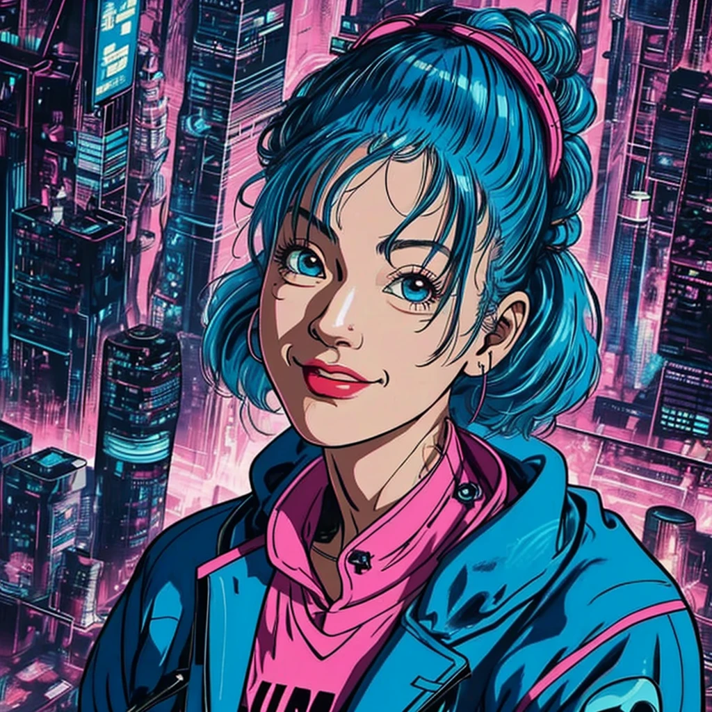 there is a woman with blue hair and a jacket, hyper-realistic cyberpunk style, realistic art style, Retrato ciberpunk, 🤤 portrait of , cyberpunk artstyle, cyberpunk anime digital art, Retrato de RossDraws, garota cyberpunk sonhadora, the cyberpunk portrait of , portrait of cg society, cyberpunk style ， hyper realist, realism art style, photorealistic art style, rossdraws pastel vibrante, smiling, 